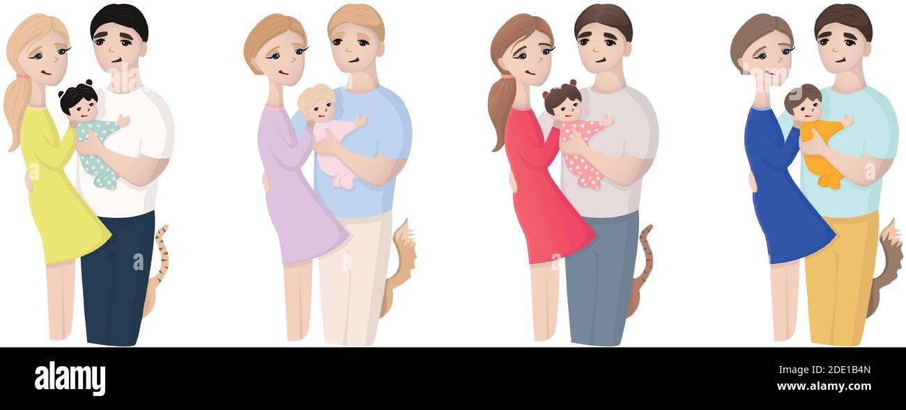 Collezione vettoriale se cartone animato piatto stile di famiglia con bambino e cane o gatto. Isolato su bianco. Illustrazione Vettoriale