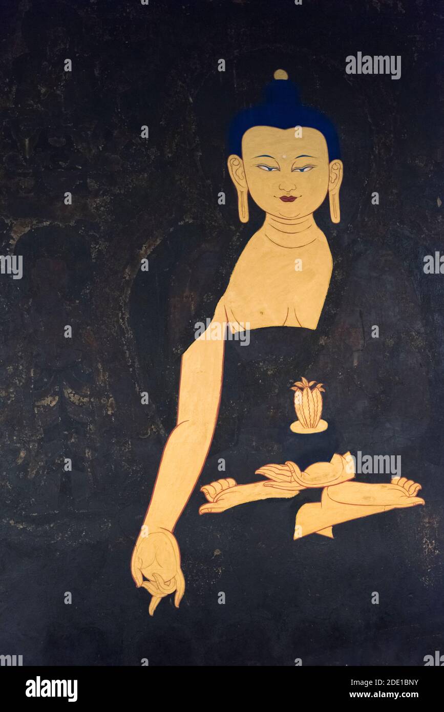 Immagine del Buddha sul muro all'interno del monastero di Tashi Lhunpo, Shigatse, Tibet, Cina Foto Stock