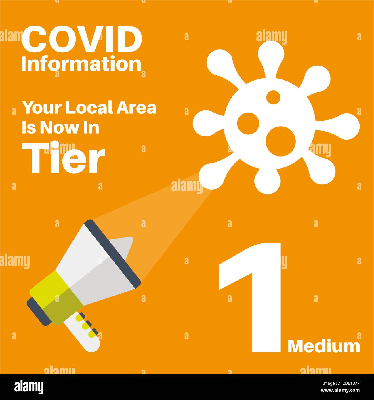 Covid-19 - grafico del vettore di blocco locale livello 1 su un sfondo arancione con megafono e logo del virus Illustrazione Vettoriale