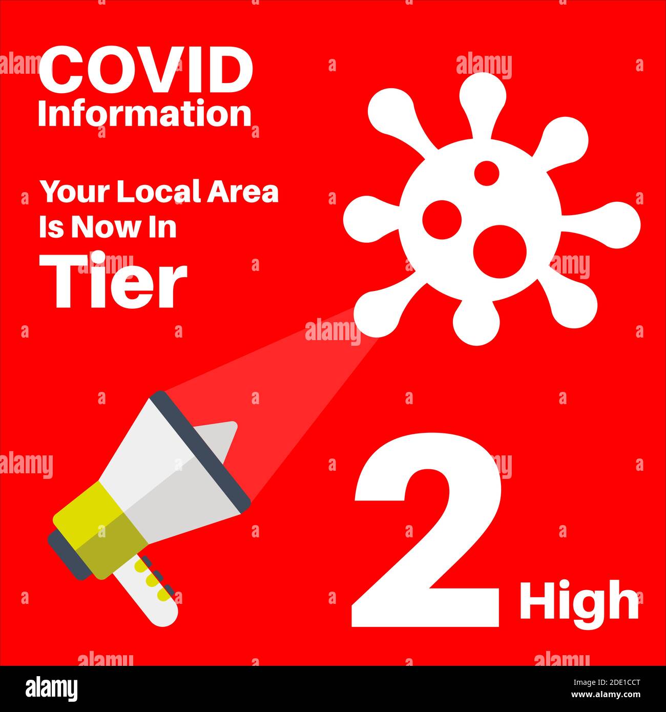 Covid-19 - grafico del vettore di blocco locale di livello 2 su a. sfondo rosso con megafono e logo del virus Illustrazione Vettoriale