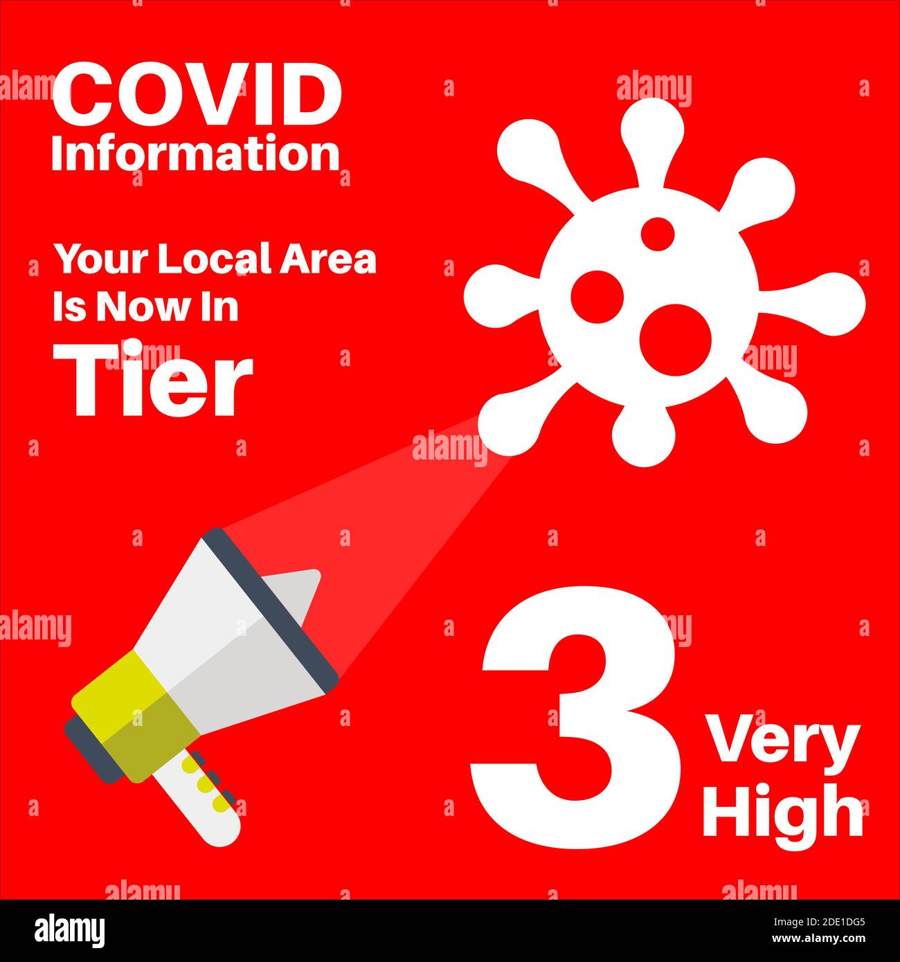 Covid-19 - grafico del vettore di blocco locale livello 3 su a. sfondo rosso con megafono e logo del virus Illustrazione Vettoriale