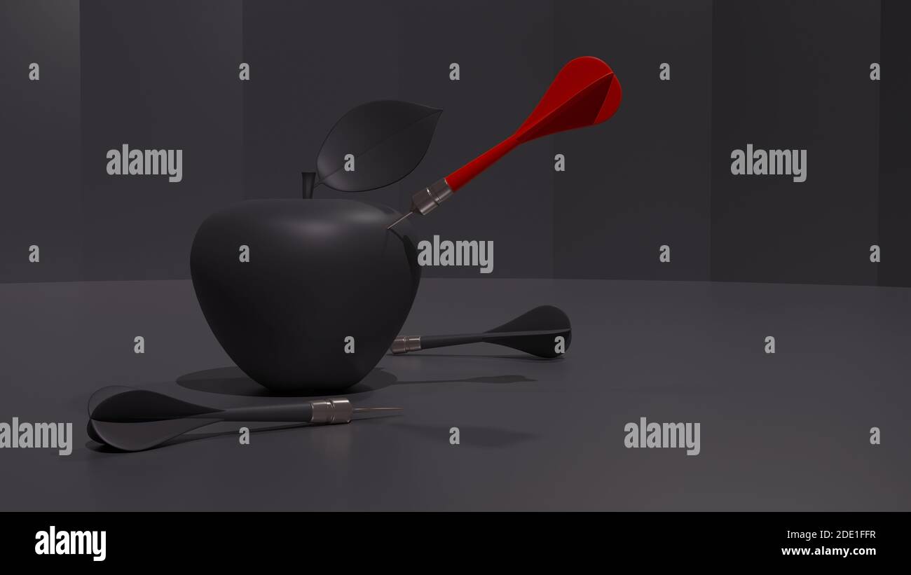 Una freccetta rossa ha colpito una mela scura mentre un paio di freccette nere si stese a terra. Colpire il bersaglio. Illustrazione 3D con rendering con copia. Con spazio per la copia. Foto Stock