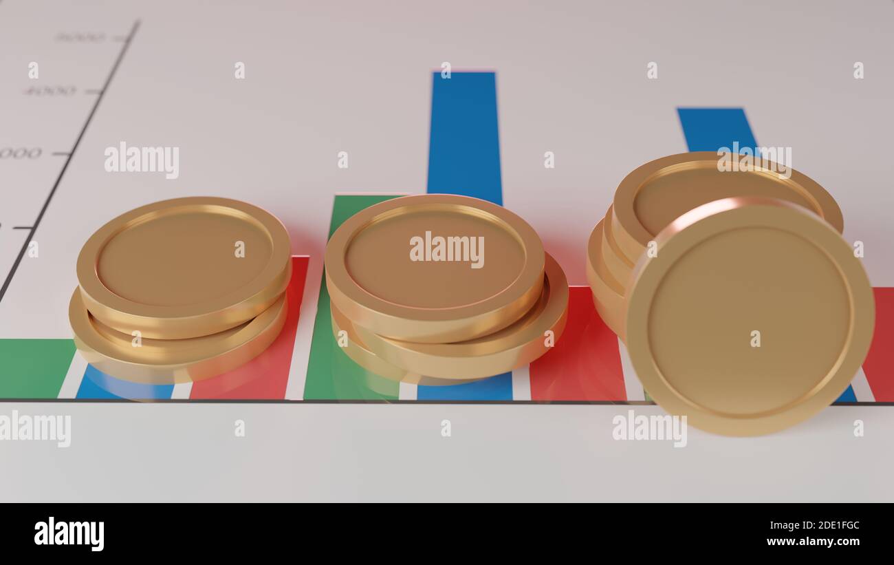 Concetto di flusso di cassa. Pile di monete su carta con dati grafici e statistici. Documenti aziendali con diagrammi e grafici. Finanziare gli investimenti. Foto Stock