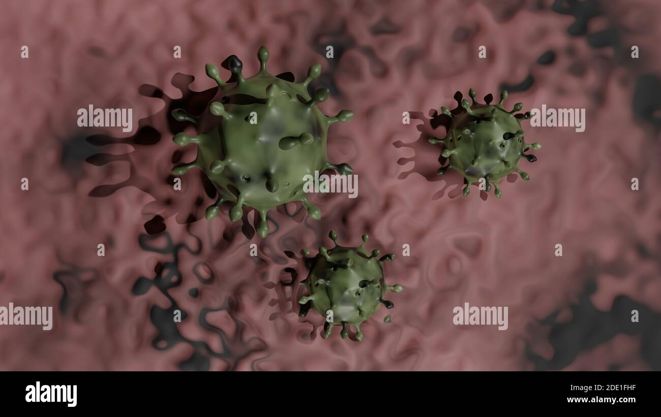 Virus su una superficie organica carnosa. Illustrazione con rendering 3D. Foto Stock