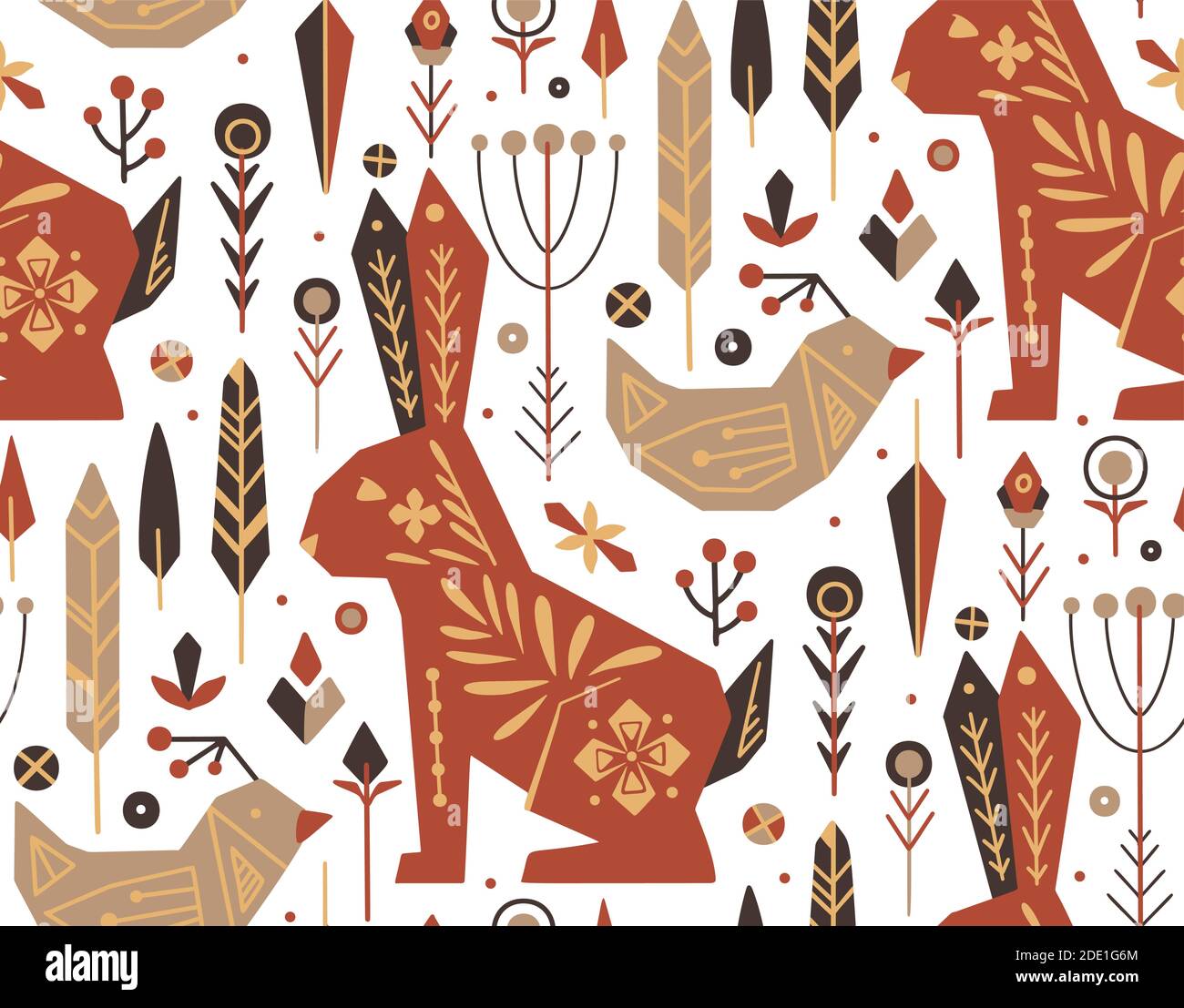 Motivo piatto perfetto per le feste. Coniglio, uccelli, piume e boho ornamenti su sfondo bianco. Texture vettore di Pasqua per sfondi, tessuti e voi Illustrazione Vettoriale