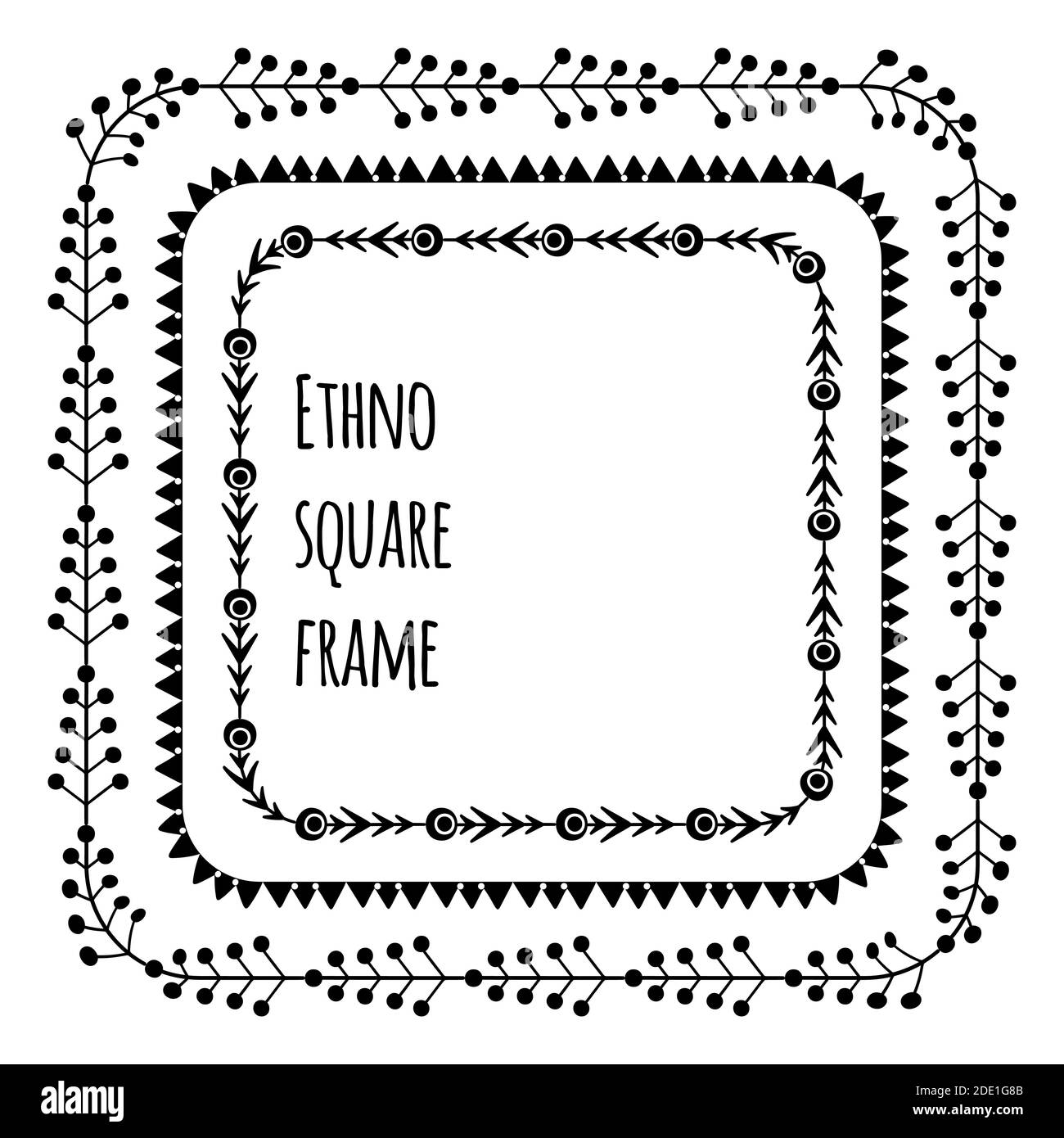 Set di cornici tribali quadrate nere da rami, fiori e bacche. Confine naturale di erbe folcloristiche. Modello di silhouette vettoriale floreale per invitati Illustrazione Vettoriale Set di cornici tribali quadrate nere da rami, fiori e bacche. Confine naturale di erbe folcloristiche. Modello di silhouette vettoriale floreale per invitati Illustrazione Vettoriale