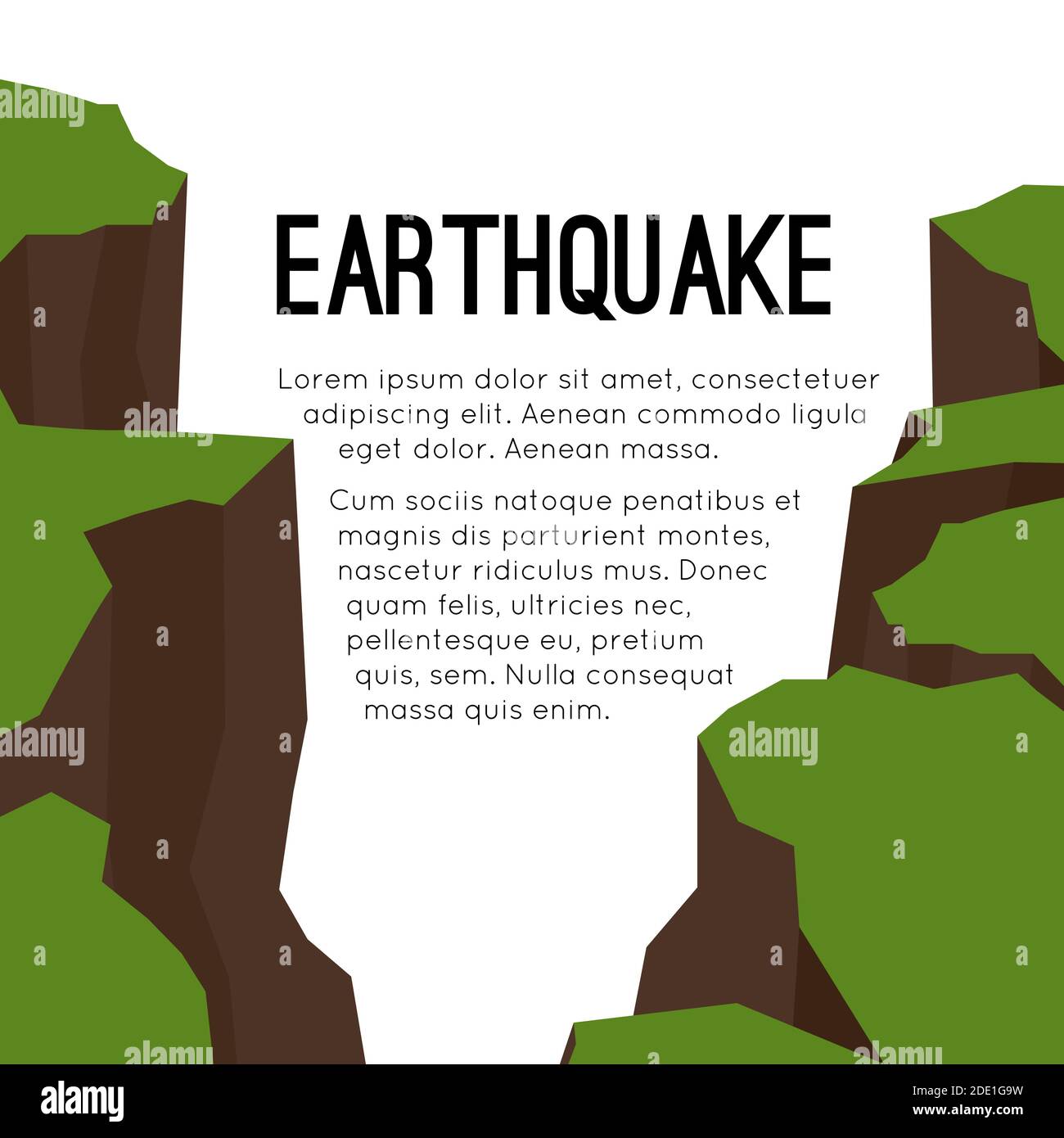 Scheda flat vettoriale con terremoto e spazio per il testo. Spaccature e crepe. Guasti nel terreno. Disastro naturale. Cataclisma moderno. Burrone e rocce. Te Illustrazione Vettoriale
