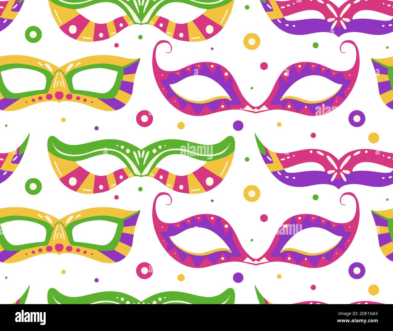 Modello festivo senza cuciture con maschere in fila, puntino su sfondo bianco. Sfondo di vacanza piatto disegnato a mano. Masquerade e sfilata. Texture vettoriale sulla ma Illustrazione Vettoriale