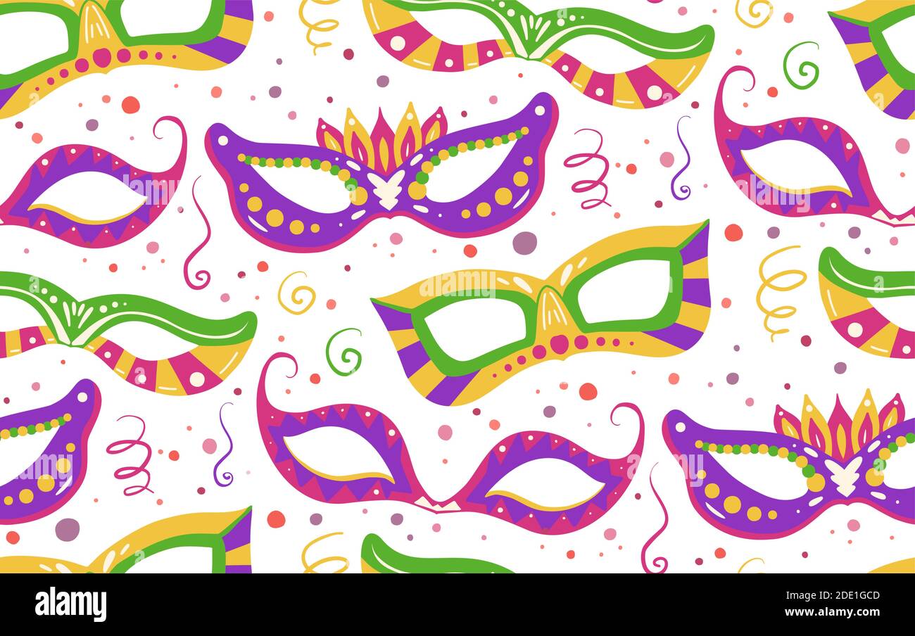 Modello festivo senza cuciture con maschere, confetti, nastro su sfondo bianco. Sfondo di vacanza piatto disegnato a mano. Texture vettoriale durante la vacanza del Mardi Gras Illustrazione Vettoriale