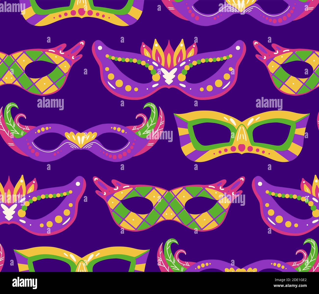 Modello festivo senza cuciture con maschere su sfondo viola. Sfondo di vacanza piatto disegnato a mano. Texture vettoriale sulla vacanza Mardi Gras per i vostri creativi Illustrazione Vettoriale
