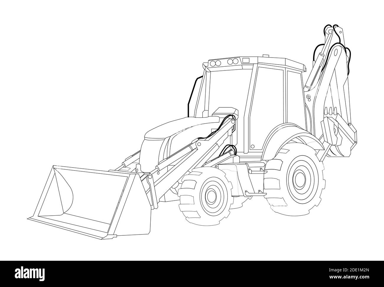 Disegno lineare bambini da colorare. Trattore per attrezzature da costruzione con schema lineare. Macchinari e attrezzature industriali. Vettore isolato su bianco Illustrazione Vettoriale