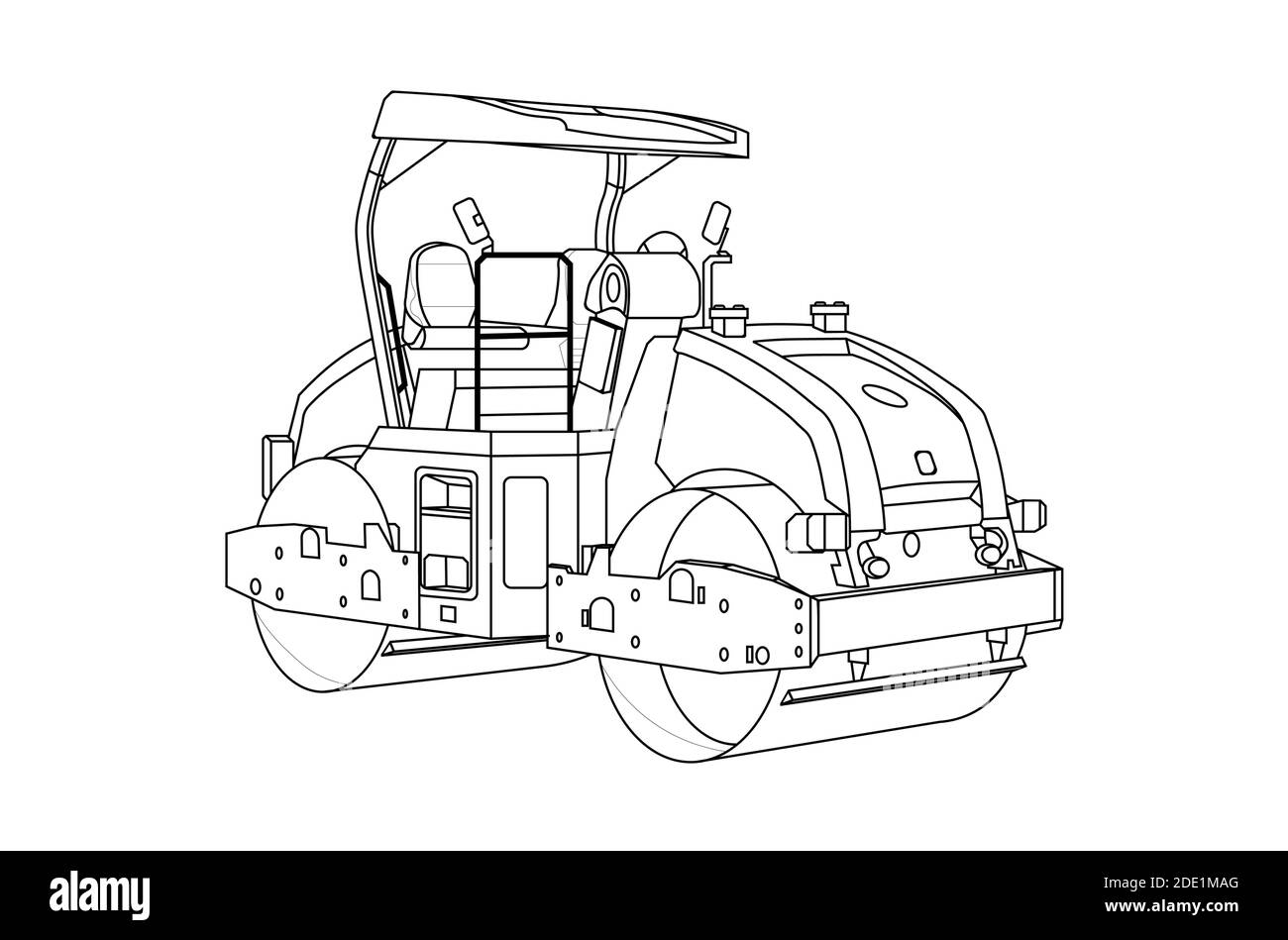 attrezzatura da costruzione rullo stradale. Disegno lineare bambini da colorare. Vettore su bianco isolato su bianco Illustrazione Vettoriale