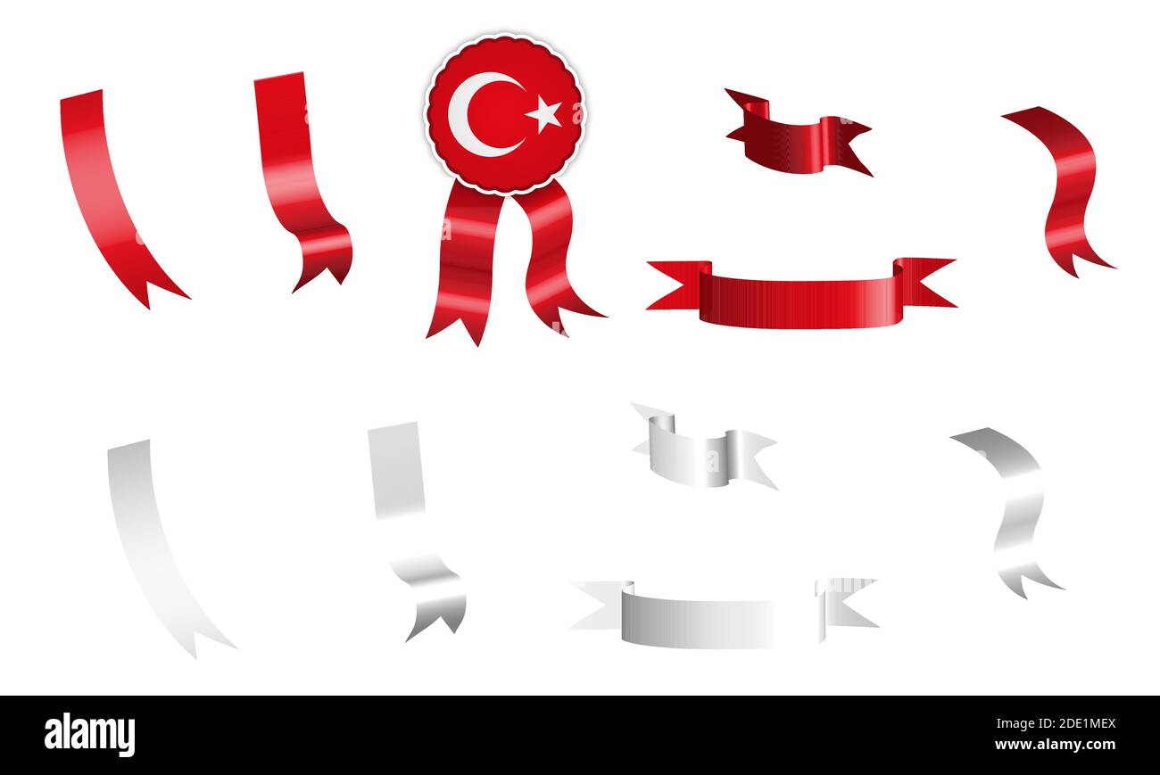 Etichetta, set di nastri bianchi e rossi con etichetta, in colori bandiera della Repubblica di Turchia. Vettore isolato su sfondo bianco Illustrazione Vettoriale