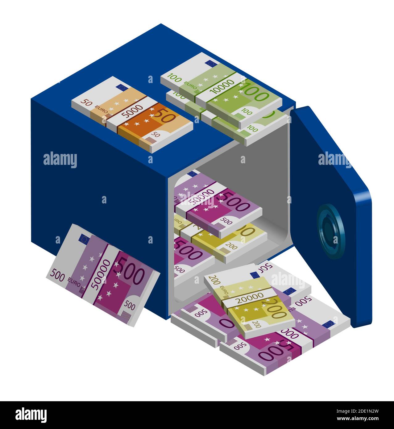 Cassaforte aperta in acciaio con pacchetti di euro. Pile di contanti. Vettore isometrico isolato Illustrazione Vettoriale