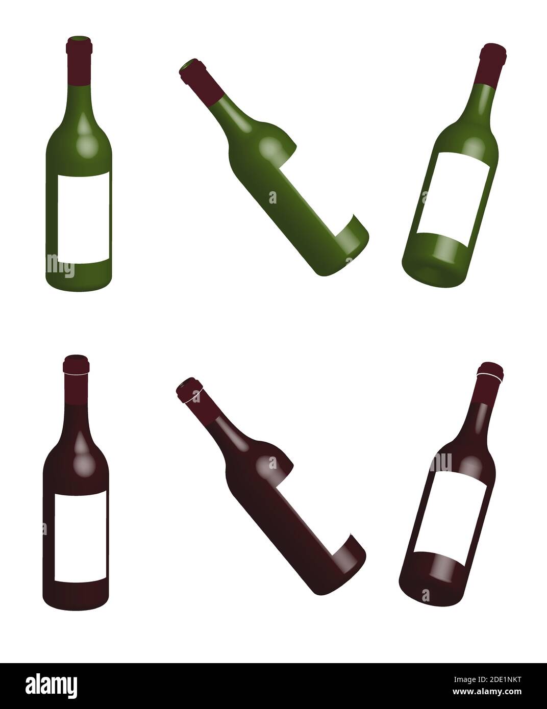 Bottiglie di vino traslucide in vetro, illustrazione 3D multicolore su sfondo trasparente, isolate Illustrazione Vettoriale