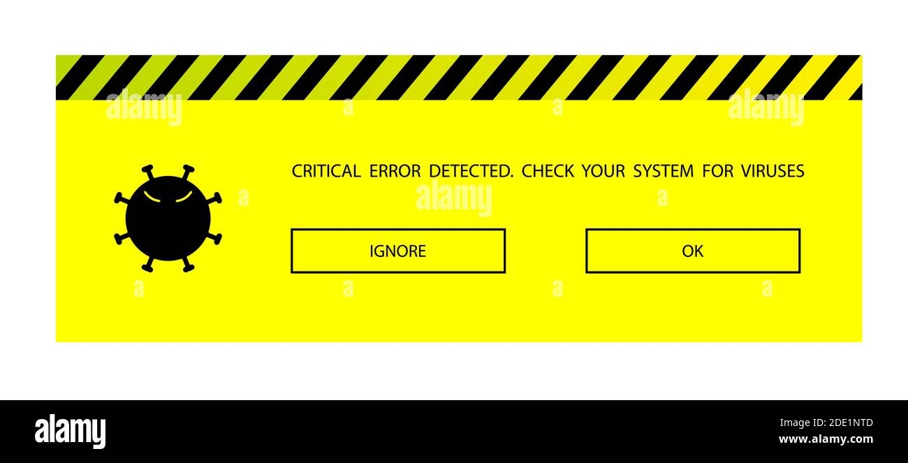 messaggio di rilevamento virus, errore di sistema critico. Protezione da malware. Segno nero e giallo Illustrazione Vettoriale