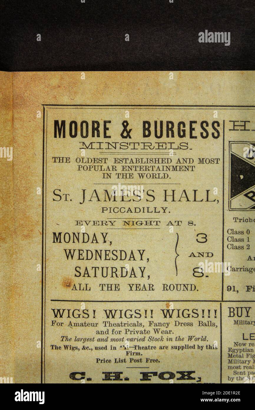 Annuncio per uno spettacolo alla St James's Hall di Piccadilly (Moor & Burgess Minstrels) nel programma del Gaiety Theatre (replica), 22 ottobre 1883. Foto Stock