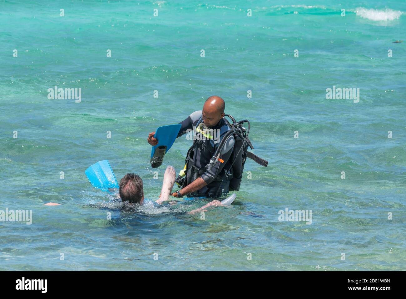 Lezione privata di immersione subacquea, una su una, a Mauritius Foto Stock