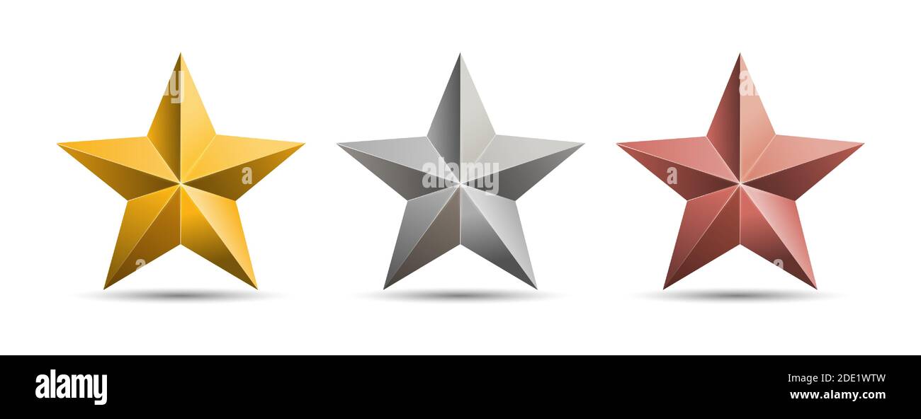 Oro argento bronzo 3D stelle metallo isolato su sfondo bianco. Illustrazione vettoriale EPS10 Illustrazione Vettoriale
