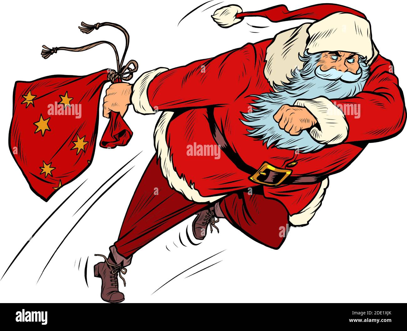 Babbo Natale corre con una borsa regalo. Corriere di Natale Illustrazione Vettoriale