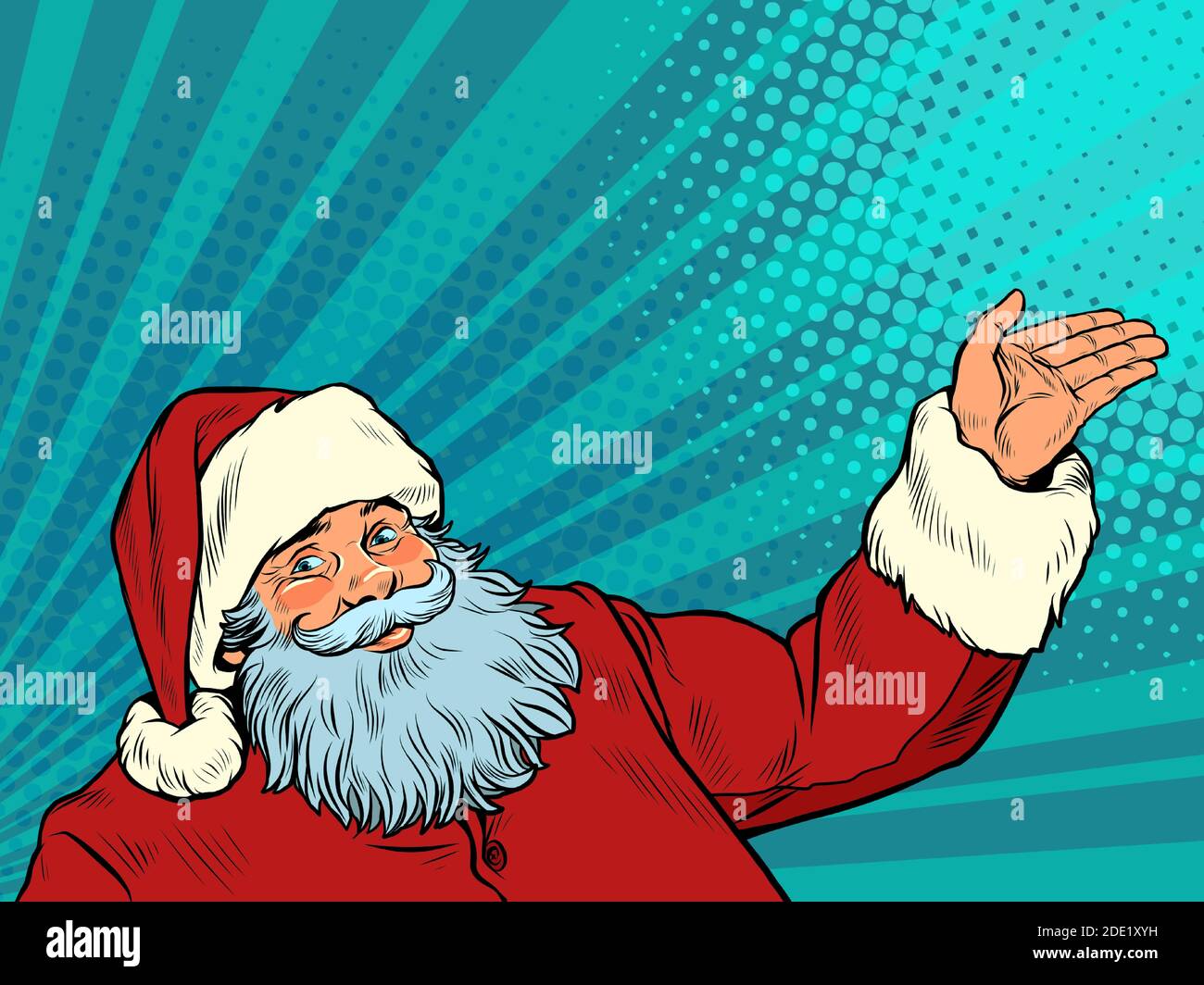 Presentazione retrò del gesto di Babbo Natale. Nuovo anno e Natale pop art background Illustrazione Vettoriale