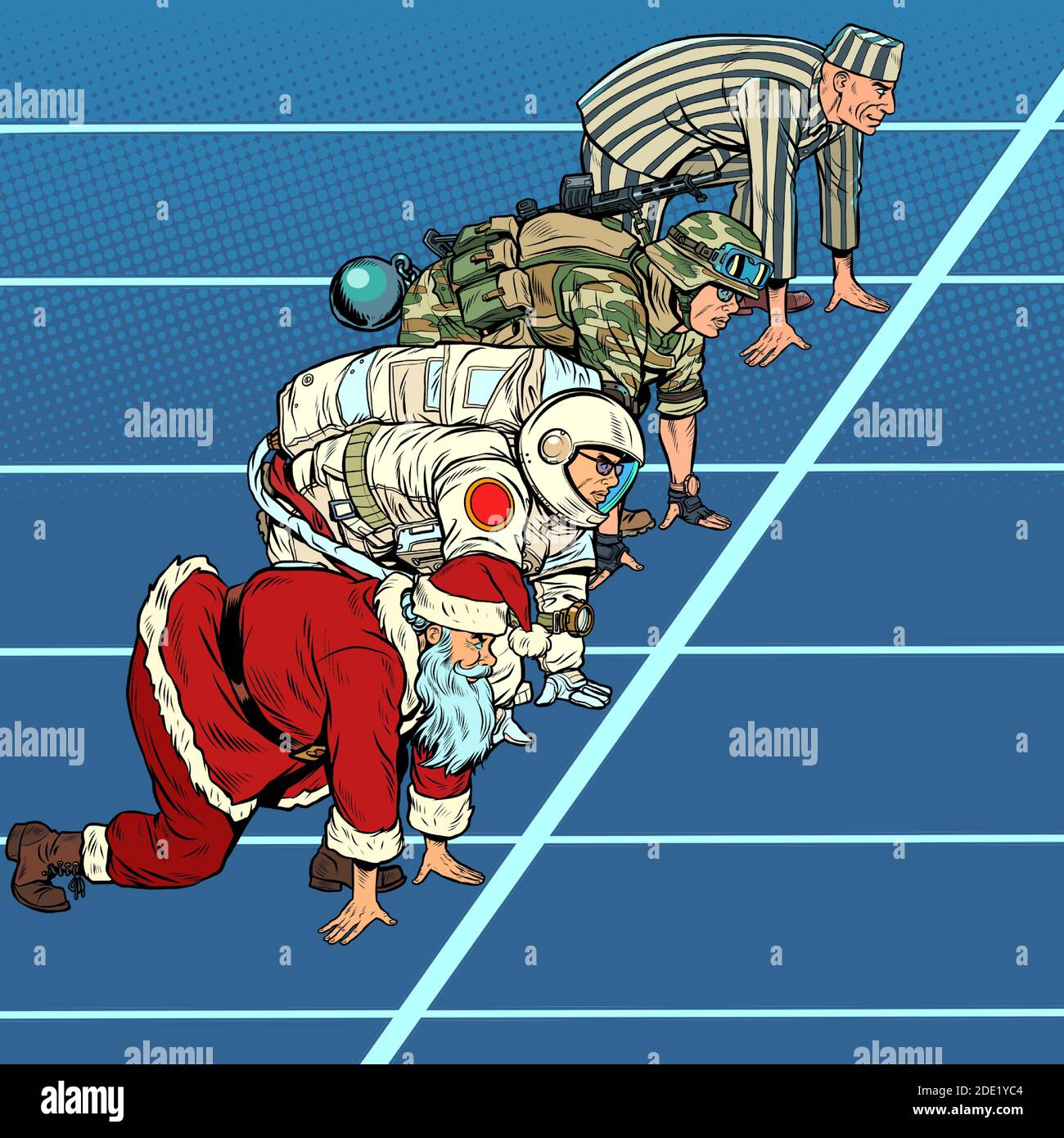 Gara sportiva con astronauta militare di Babbo Natale e prigioniero Illustrazione Vettoriale