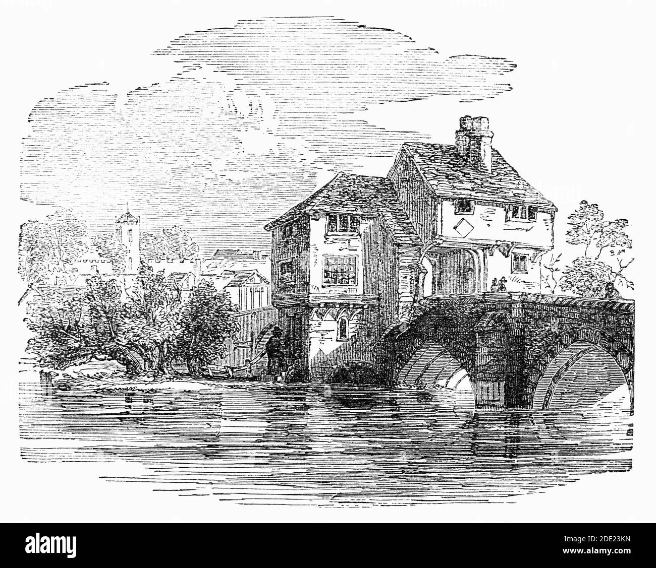 Un disegno del 19 ° secolo della vecchia prigione di Bedford, costruita sul ponte sul fiume Ouse. Fu qui che John Bunyan fu imprigionato nel 1661 per la predicazione illegale e durante la sua sentenza di 12 anni scrisse 'progressi di Pilgrim' Foto Stock