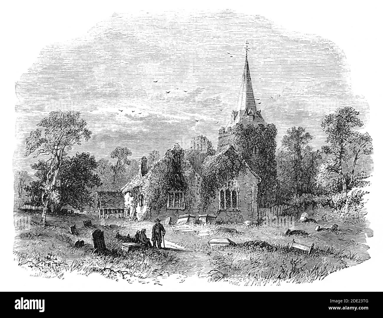 Un disegno del 19 ° secolo della Chiesa di Stoke Poges aka Chiesa Parrocchiale di Saint Giles, nel villaggio omonimo in Buckinghamshire, Inghilterra. Il poema, 'Elegy written in a Country Churchyard' di Thomas Grey (1716-1771), un poeta inglese, letterato, studioso classico, e professore è creduto essere stato scritto nel cimitero. Il poema fu in parte ispirato dai pensieri di Gray dopo la morte del poeta Richard West nel 1742 e pubblicato nel 1751. Foto Stock