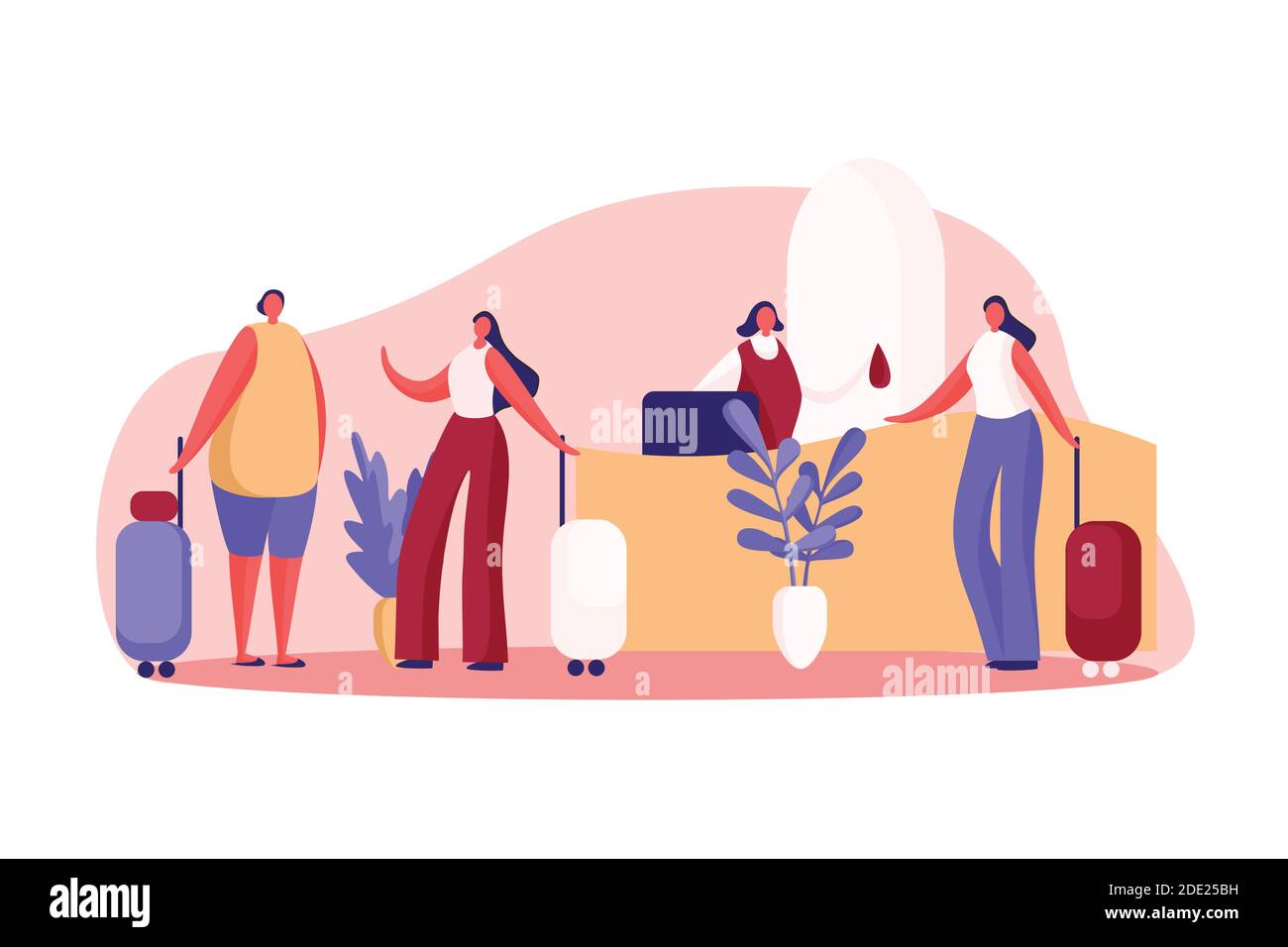 Girlfriends in vacanza, donne con bagagli alla reception, pensione reception, amministratore dà la chiave del visitatore. Servizio hotel, prenotazione camere conc Illustrazione Vettoriale