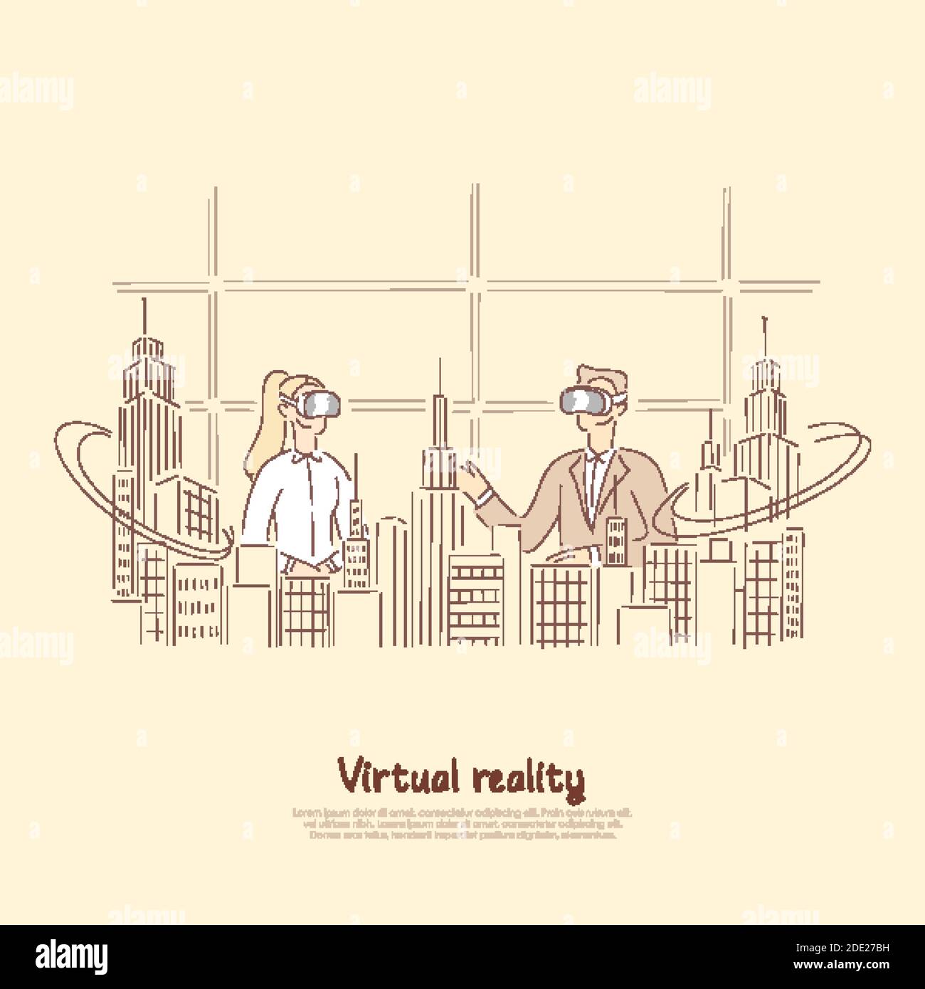 Colleghi in occhiali vr che parlano di progetto architettonico, ologramma della città, codorking futuristico, banner di realtà virtuale. Innovazione aziendale, tecnolog Illustrazione Vettoriale