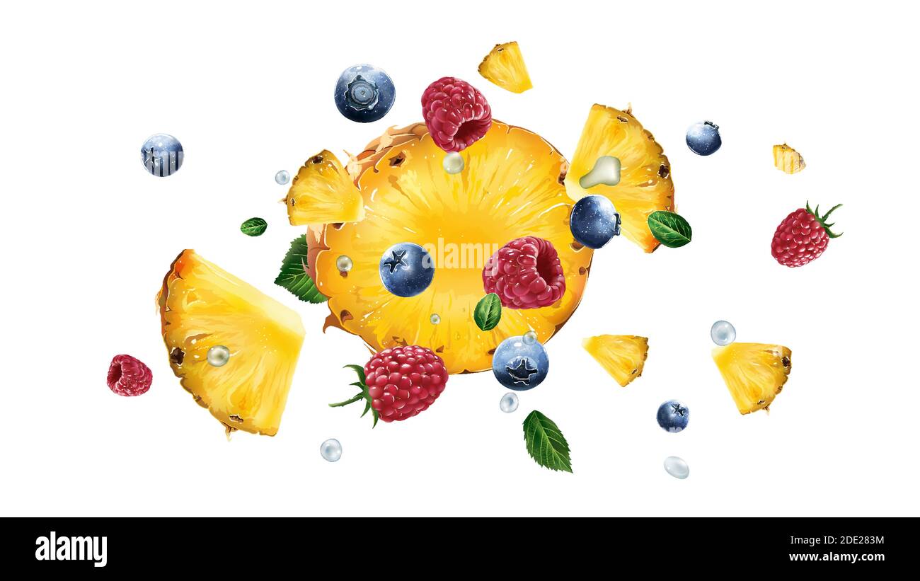 Lamponi, ananas e mirtilli che volano su uno sfondo bianco. Illustrazione Vettoriale