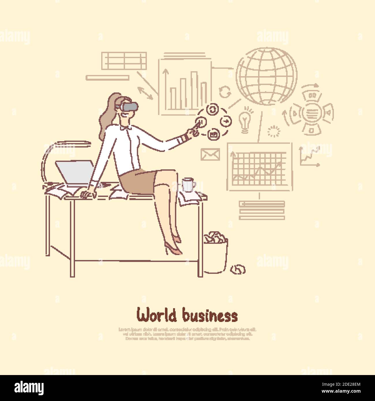Gestione aziendale del mondo moderno, manager in virtual reality headset preparazione di report statistici sulle transazioni economiche banner. Economia globalizzata Illustrazione Vettoriale