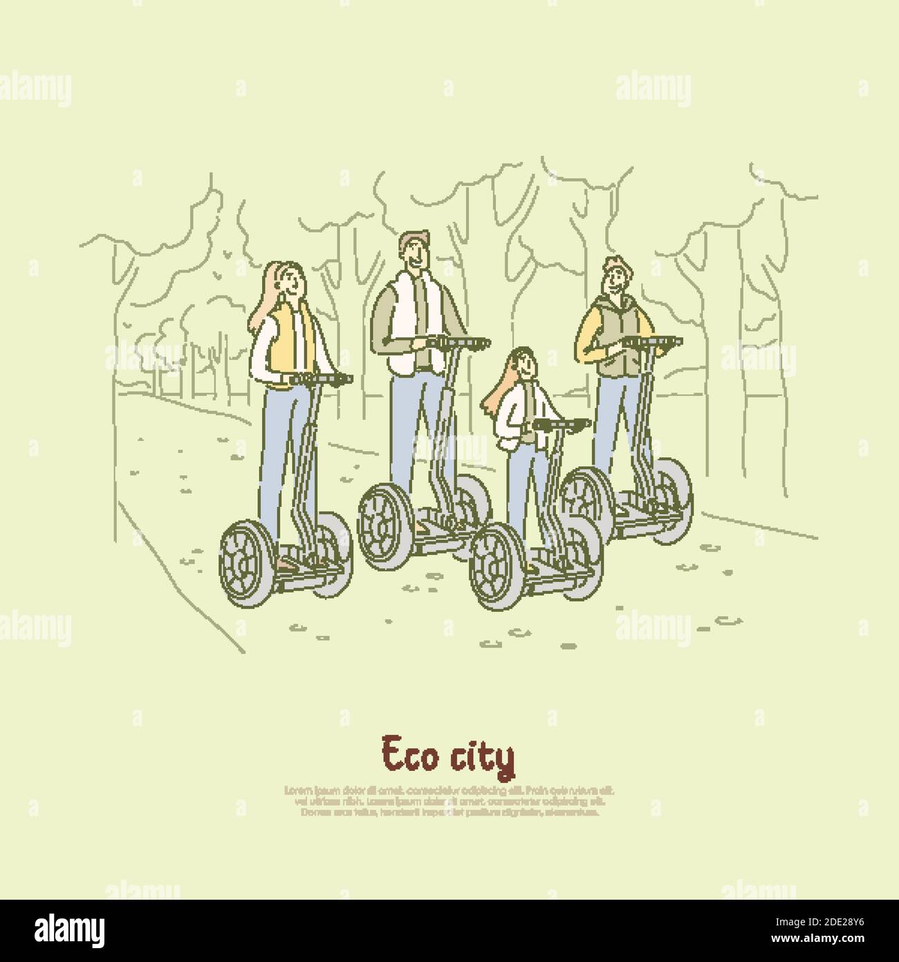 Dispositivi di trasporto elettrici, trasportatori autobilancianti ecologici, famiglie che si divertono al parco, guida su scooter, trasporto ecologico. Città ecologica Illustrazione Vettoriale
