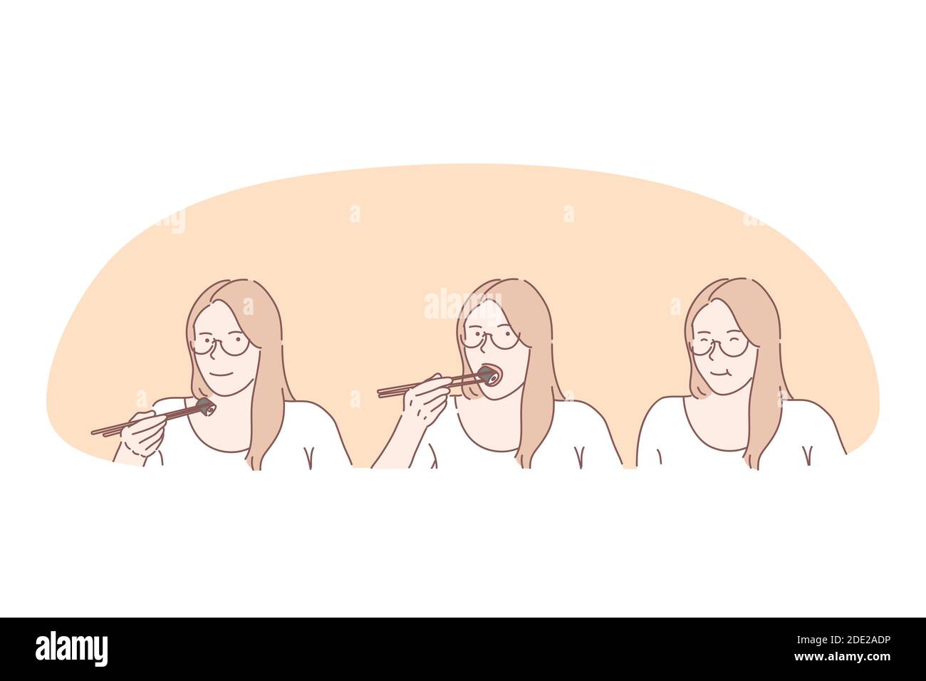 Donne che mangiano concetto di sushi. Giovane donna positivo personaggio cartoon seduta e godendo di mangiare sushi giapponese panini con bastoncini. TR. giapponese asiatico Illustrazione Vettoriale