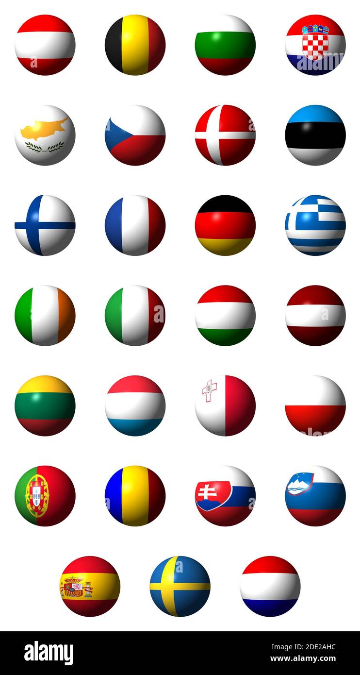 Collage di bandiere dei 27 paesi dell'UE senza etichette Foto Stock