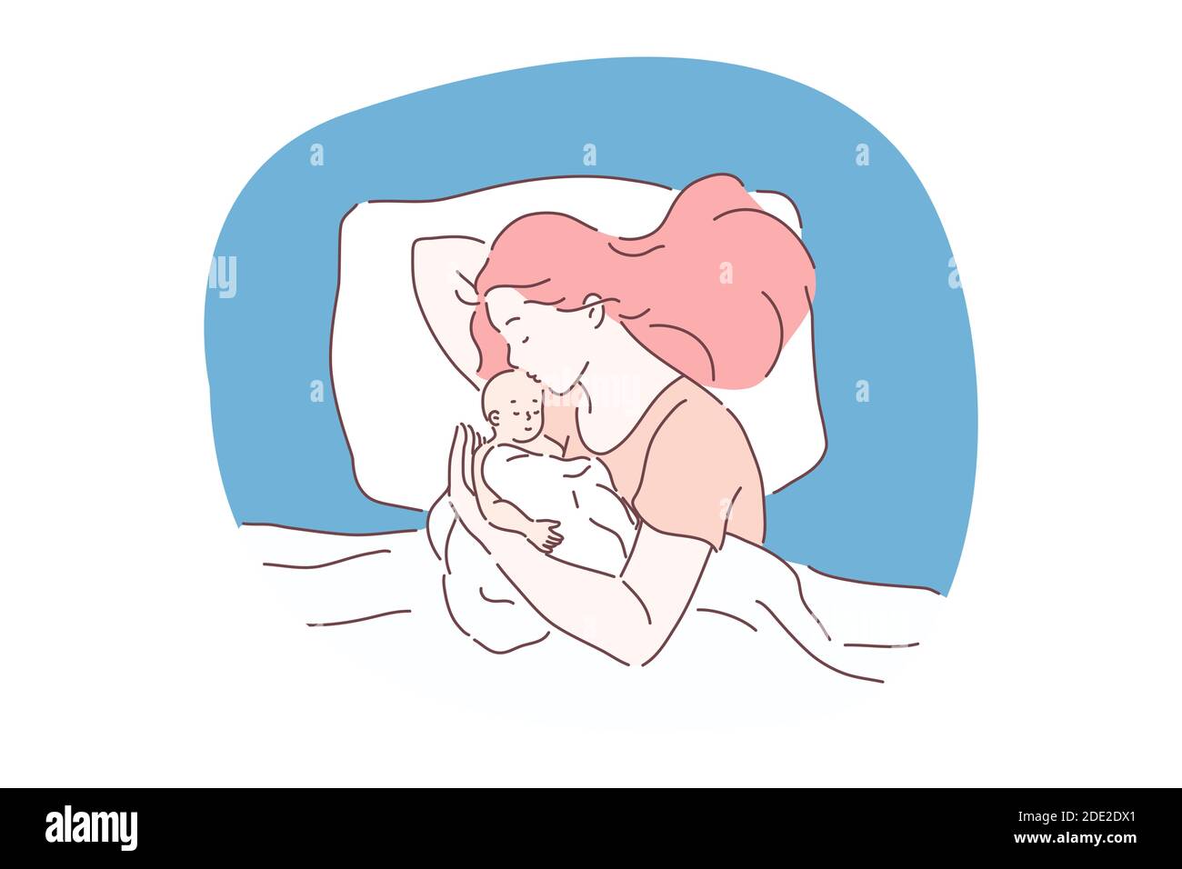 Riposo, relax e relax. Giovane donna madre cartone animato personaggio dormendo e abbracciando il suo bambino piccolo bambino in letto sotto blan Illustrazione Vettoriale