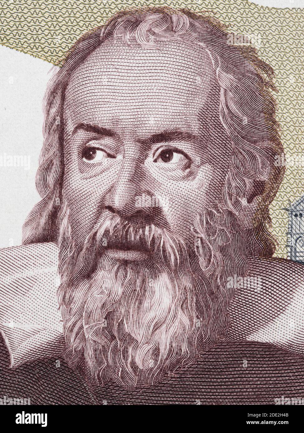 Galileo Galilei ritratto in Italia 2000 lira (1983) banconota closeup macro, genio scienziato italiano, matematico, astronomo, filosofo e inventore Foto Stock