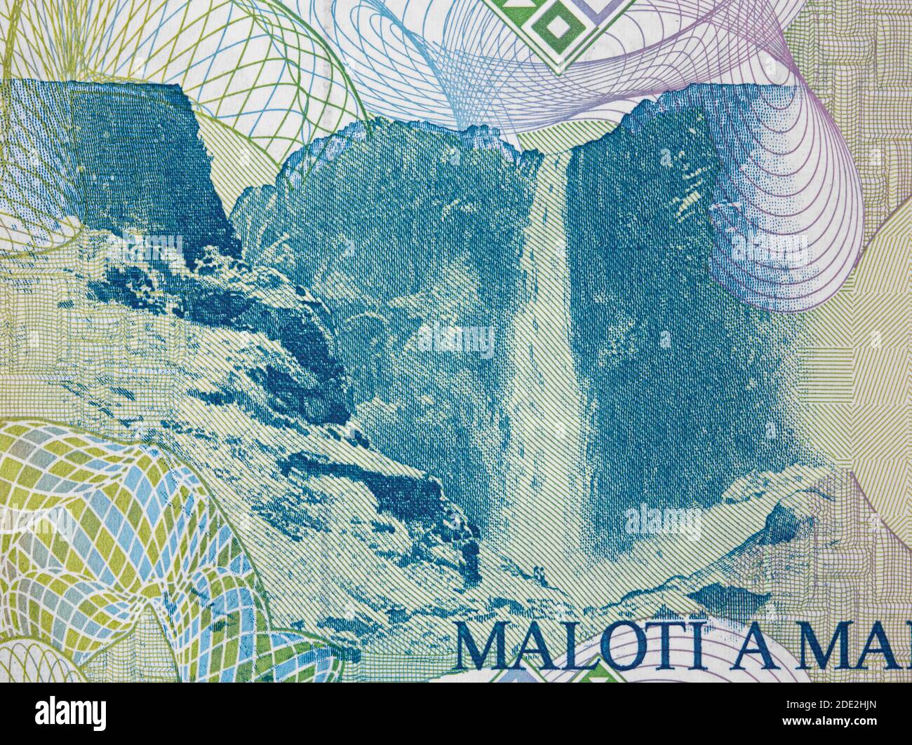 Cascata sul Lesotho 5 Maloti (1989) banconota, closeup di denaro africano. Foto Stock