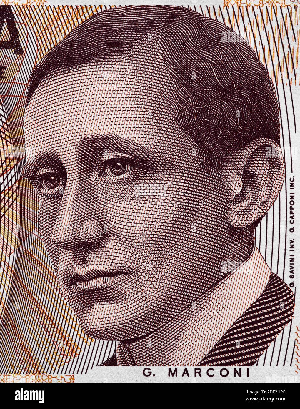 Guglielmo Marconi ritratto in Italia banconota da 2000 lire (1990) primo piano, macro di denaro italiana. Inventore della radio. Foto Stock