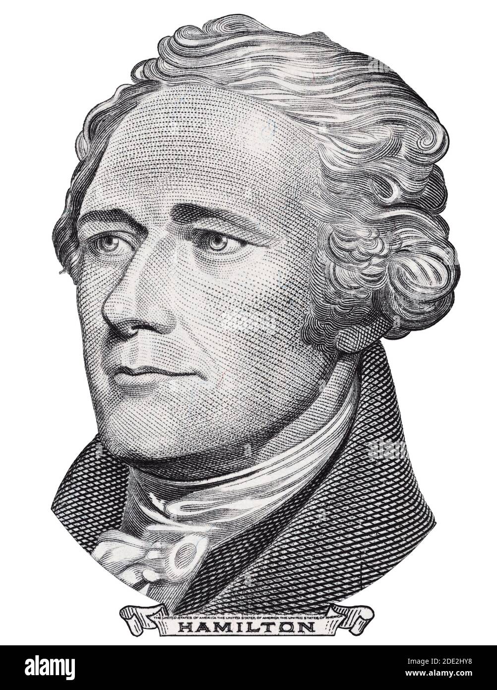 Alexander Hamilton faccia su di noi dieci dollari di legge isolato, 10 usd, Stati Uniti d'America primo piano di denaro Foto Stock