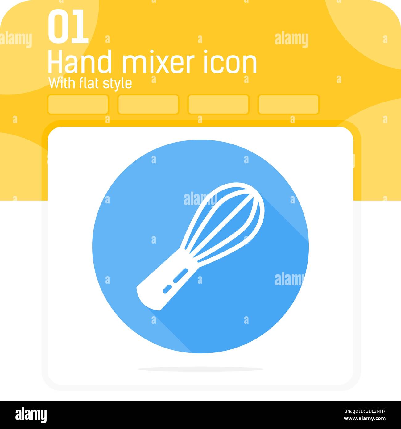 icona corolla piatta vettoriale con lunga ombra isolata su sfondo blu. Illustrazione vettoriale simbolo del miscelatore manuale concetto di icona per cucinare, ui, ux Illustrazione Vettoriale