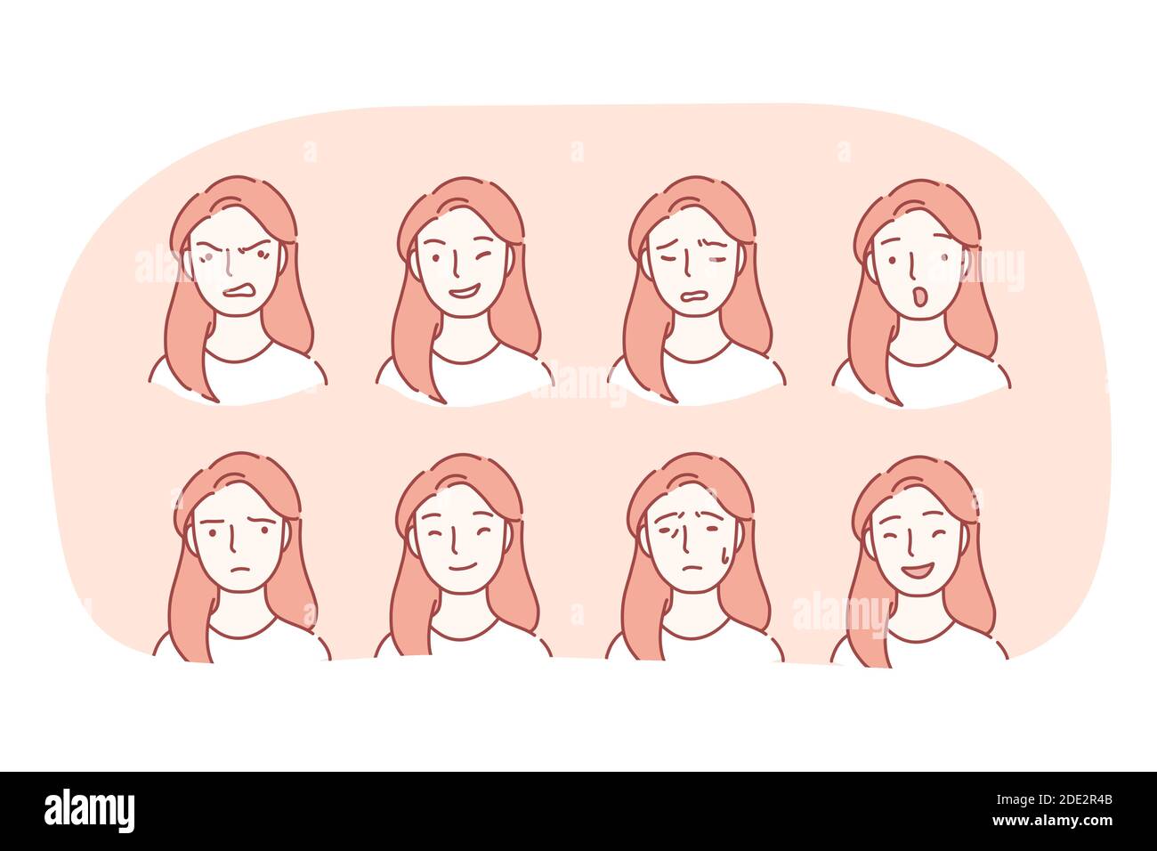 Emozioni diverse e varietà di espressioni facciali concetto. Insieme di volti femminili che esprimono varie emozioni rabbia, felicità, frustrazione, sorpresa, Illustrazione Vettoriale