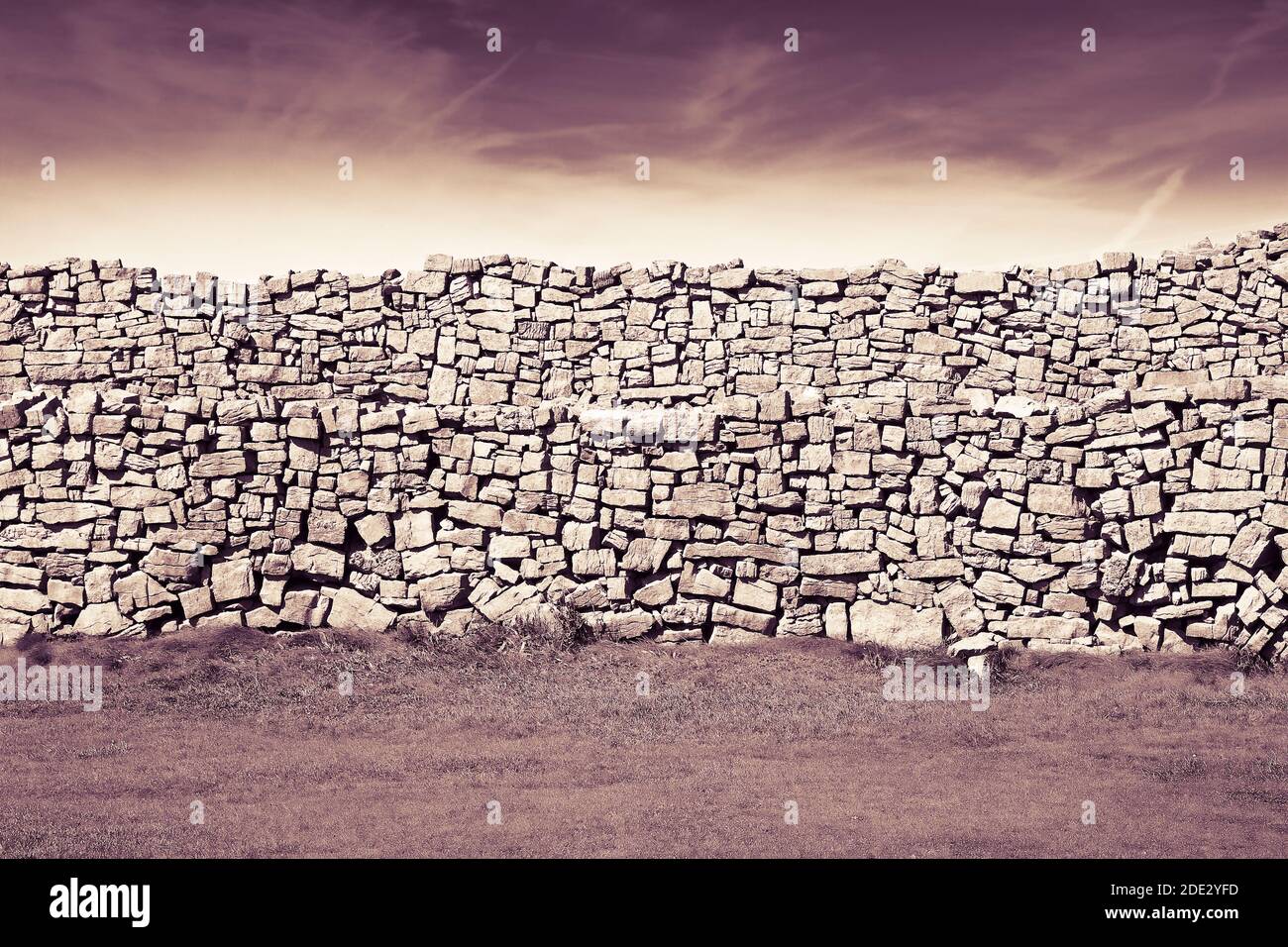 Tipico muro irlandese per dividere pascoli (Irlanda) - immagine tonica Foto Stock