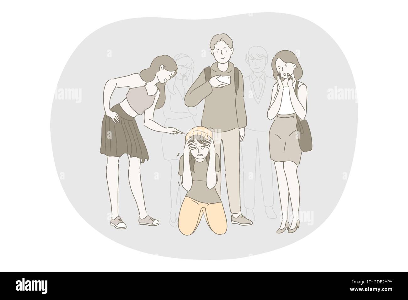 Abuso scolastico, molestie, bullismo, concetto di aggressione. Gruppo di adolescenti arrabbiati compagni di classe cartoni animati che puntano e abusano seduti sul pavimento u Illustrazione Vettoriale