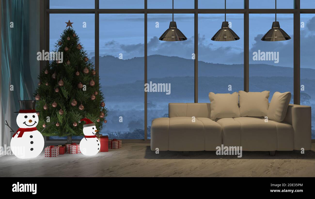 immagine 3d di rendering del salotto il giorno di natale in vista notturna Foto Stock