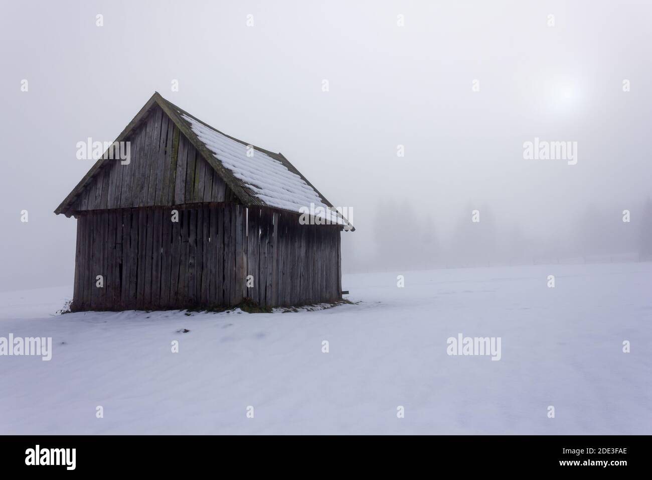 Isolato shack di legno su un prato coperto di neve durante l'inverno In Austria Foto Stock