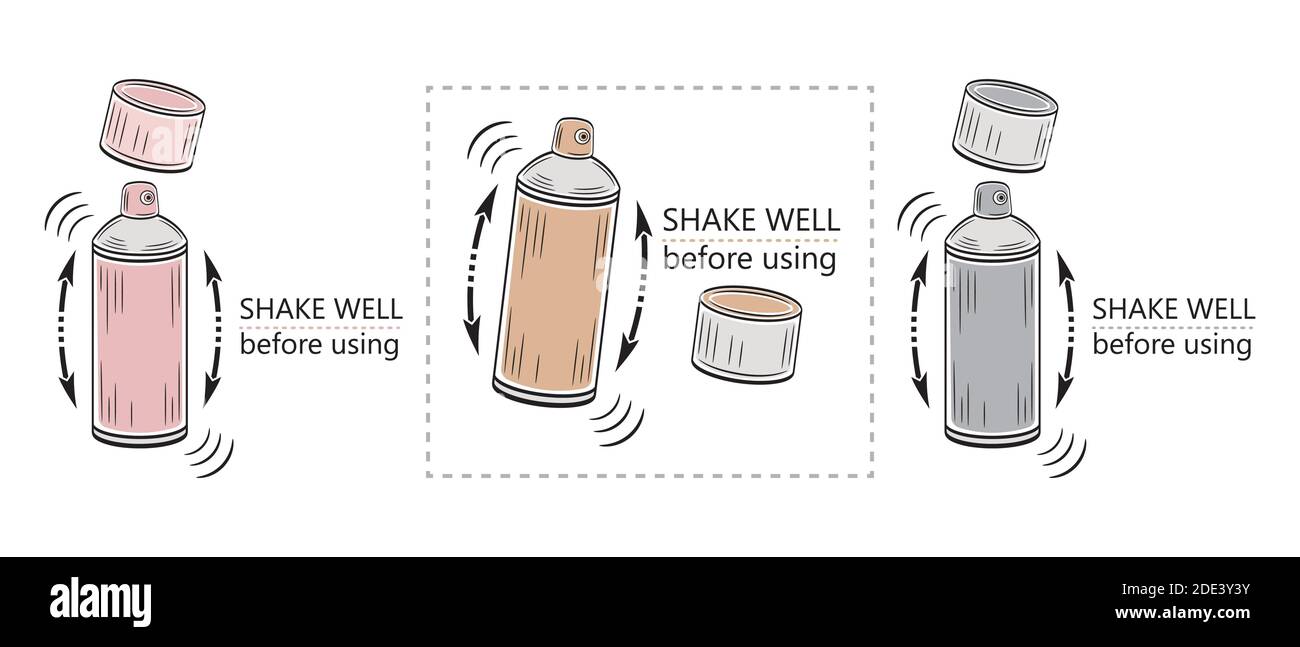 Agitare bene prima di utilizzare il set di icone. Spruzzare il flacone o l'aerosol con le frecce. Agitazione del liquido. Etichette per imballaggi di vernici, cosmetici, prodotti per la casa. Vettore Illustrazione Vettoriale