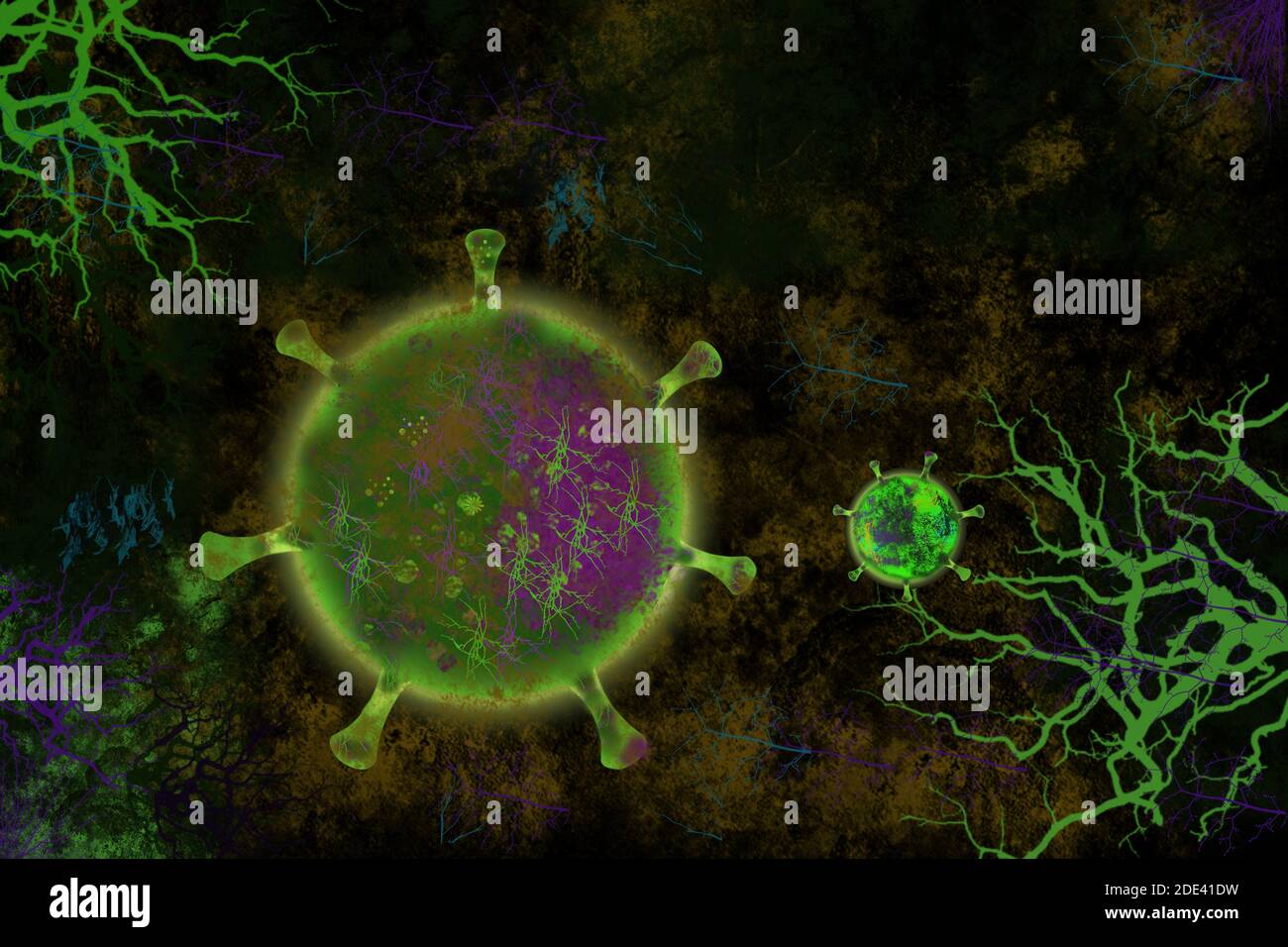 Virus influenza corona al microscopio su sfondo scuro. Covid -19 epidemia di pandemia influenzale.. Microb, batteri e virus Foto Stock