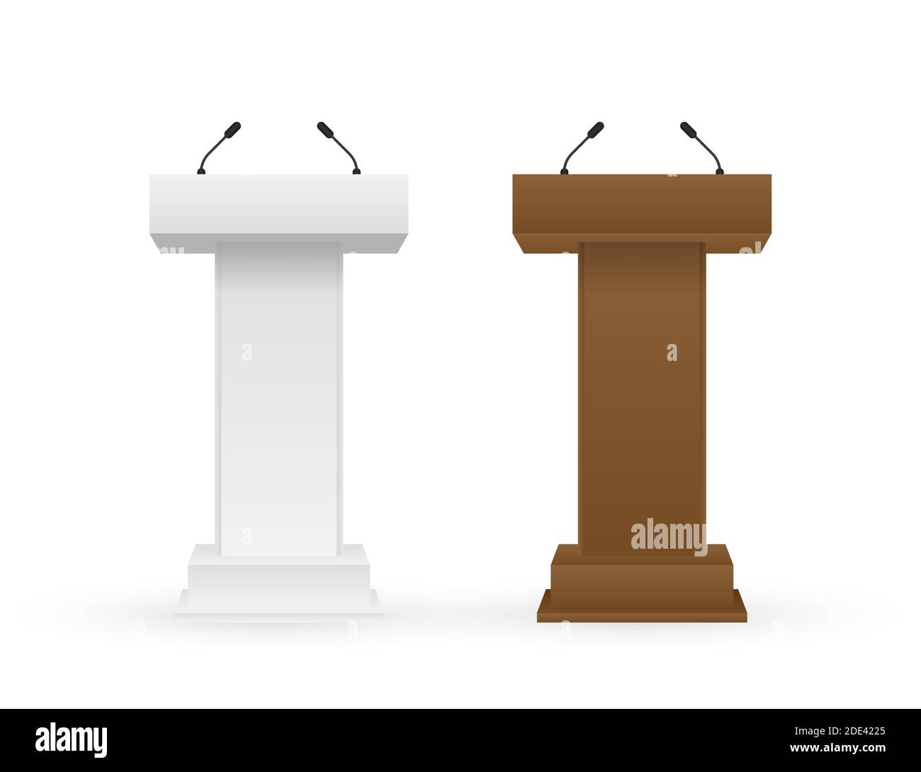 Supporto rostrum Podium Tribune bianco e marrone con microfoni. Illustrazione di stock vettoriale. Illustrazione Vettoriale