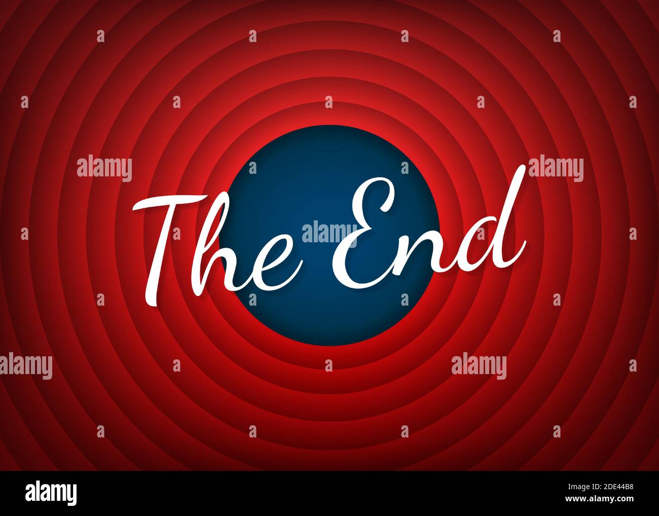 Il titolo della scrittura a mano finale su sfondo rosso rotondo. Schermata finale del vecchio cerchio del filmato. Illustrazione di stock vettoriale. Illustrazione Vettoriale